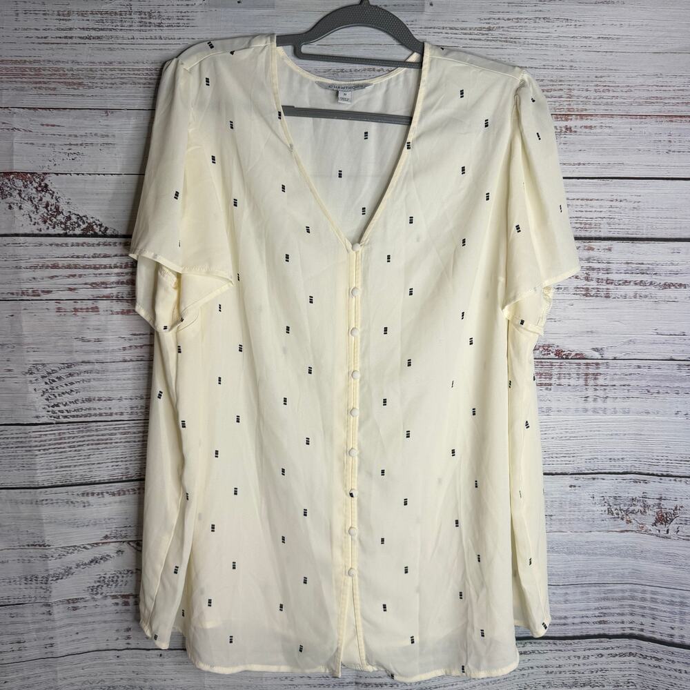 41 Hawthorn Womens 2X Ivory Black Flutter Sleeve Button Front Blouse Plus